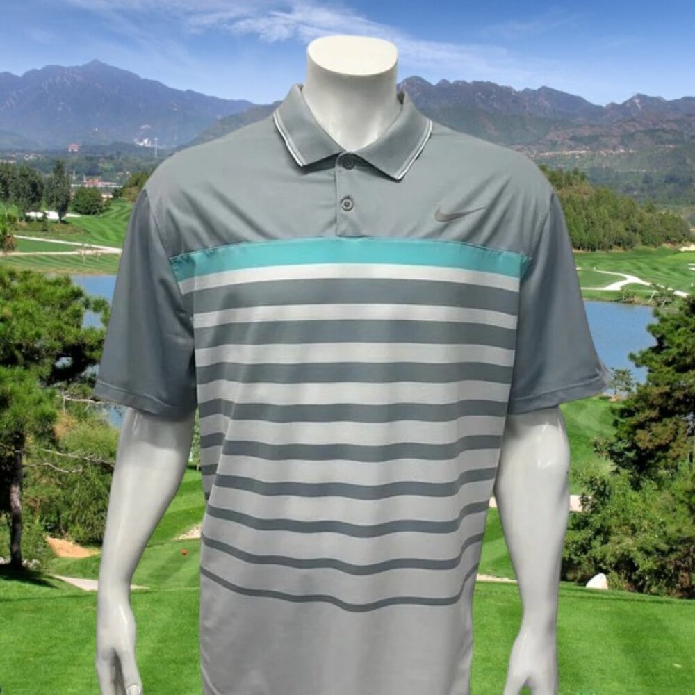 Nike Golf Tour Performance Dri Fit Gray White Green Stripe Men's Polo Shirt XXL
